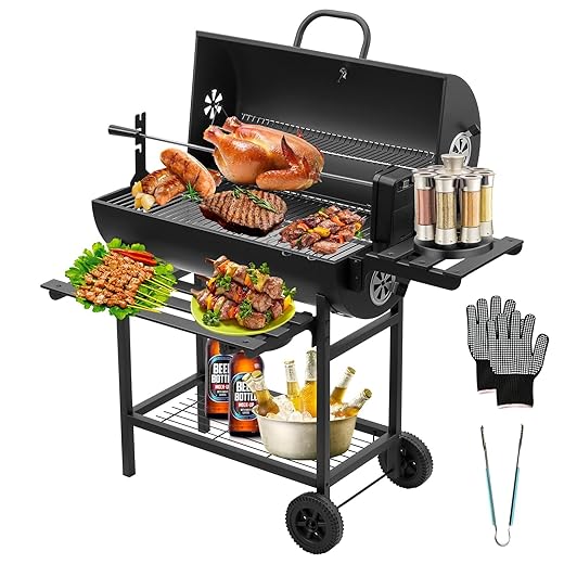 TEENO Barbecue Charbon de Bois,avec Grille de Cuisson XXL,Gants Anti-BrûLures, ThermomèTre,Tiroir à Cendres, éVent RéGlable,Grand Barbecue au Charbon de Bois(Upgraded (with Chicken Grill))