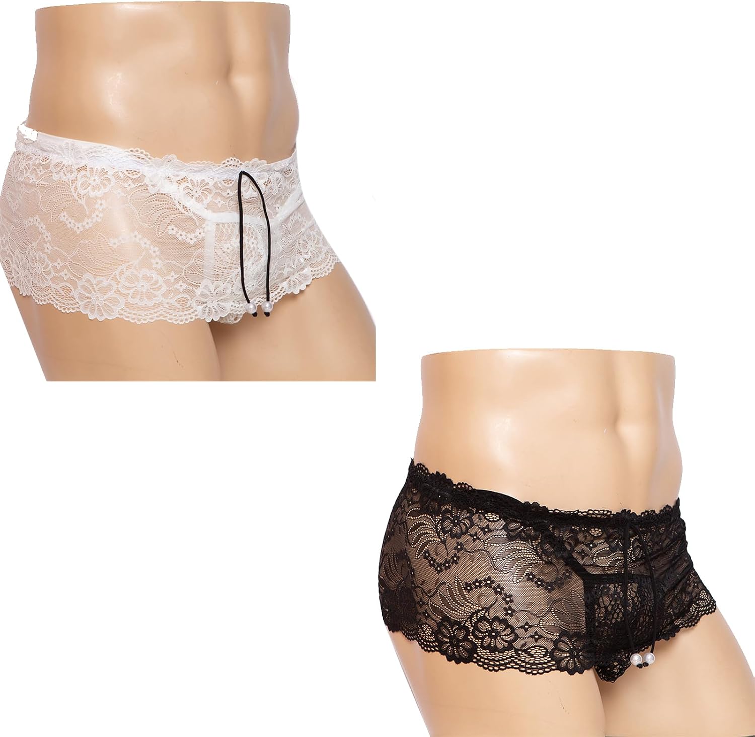 Men's Lace Pouch Underwear, Floral Briefs 2 Pack with Pearl Belt