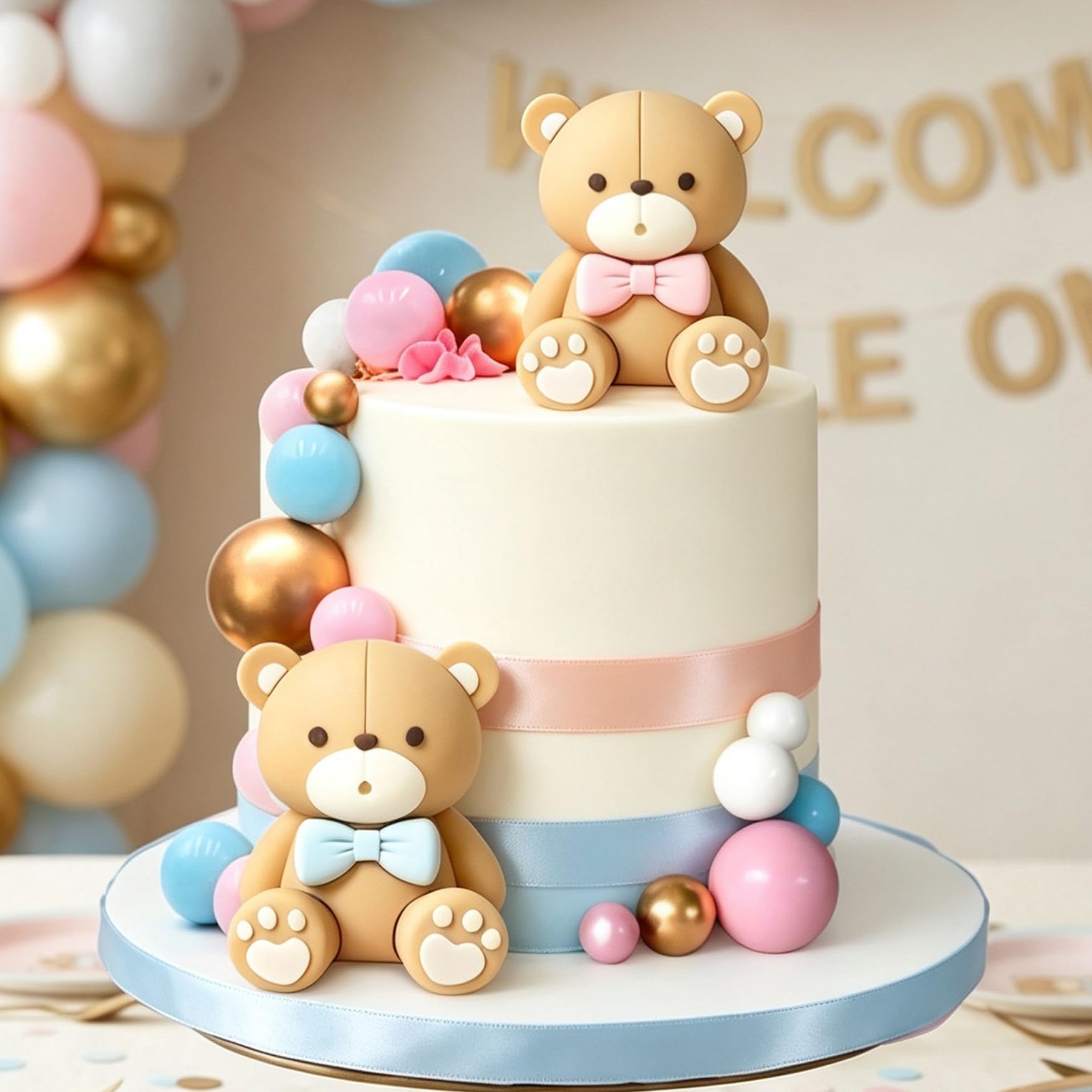 Pink Blue Bear Cake Toppers Boy or Girl Gender Reveal Baby Shower Decor