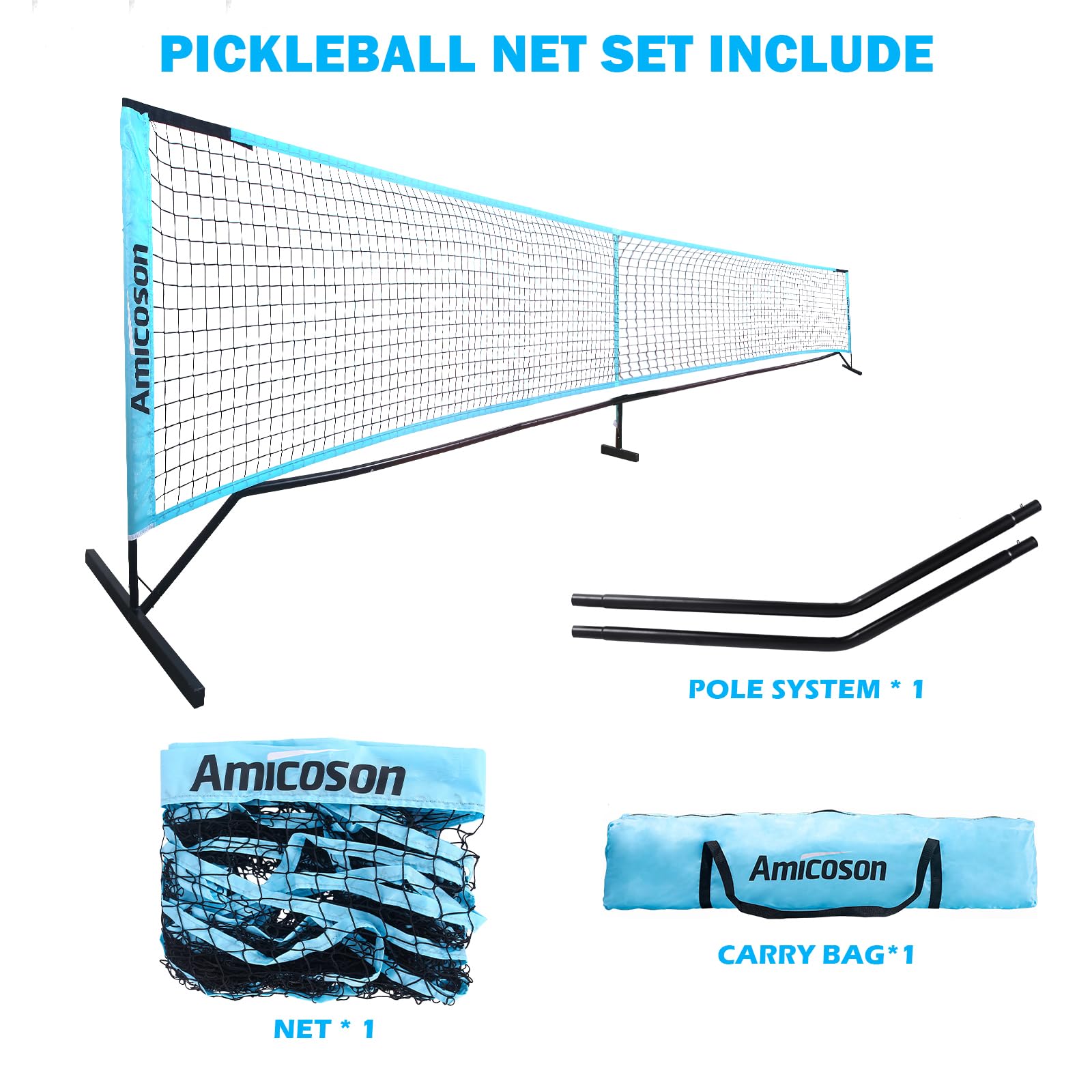 Amicoson Tragbares Pickleball-Netz, USAPA -für Auffahrt – Stahlrahmen und Robustes Net, tragbares Pickleball-Netz inklusive Tragetasche