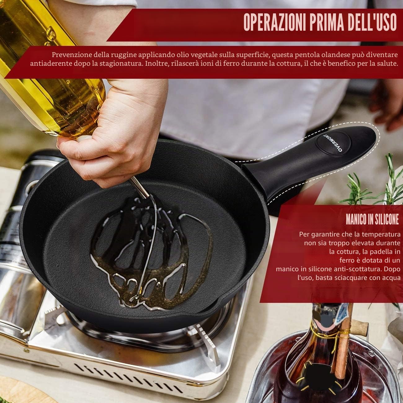 OVERMONT Padella in Ghisa Pre-stagionato - Pentola Utensili da Cucina con Manico per Interni ed Esterni- per Griglia Friggere Fornelli Barbecue Falò - Varie Dimensioni Nero - Rotondo