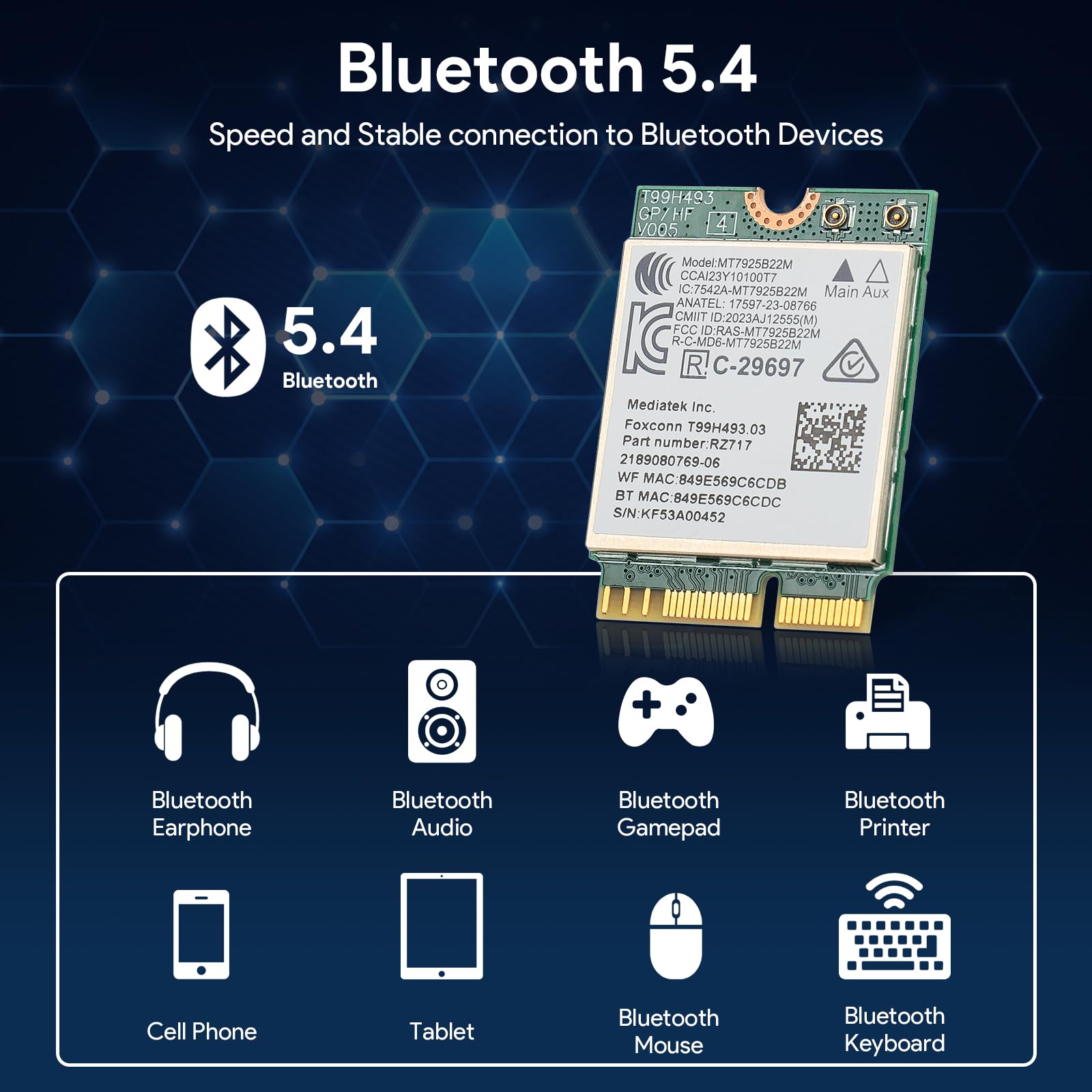 EDUP® Carte WiFi 7 BE6500 M.2 2230, Tri-Bande 6,5Gbit/s, BT 5.4 | Vitesse 6,5 Gbit/s tri-bande WiFi 7, Bluetooth 5.4, format M.2 2230 pour Intel/AMD, compatible Windows 11, Linux