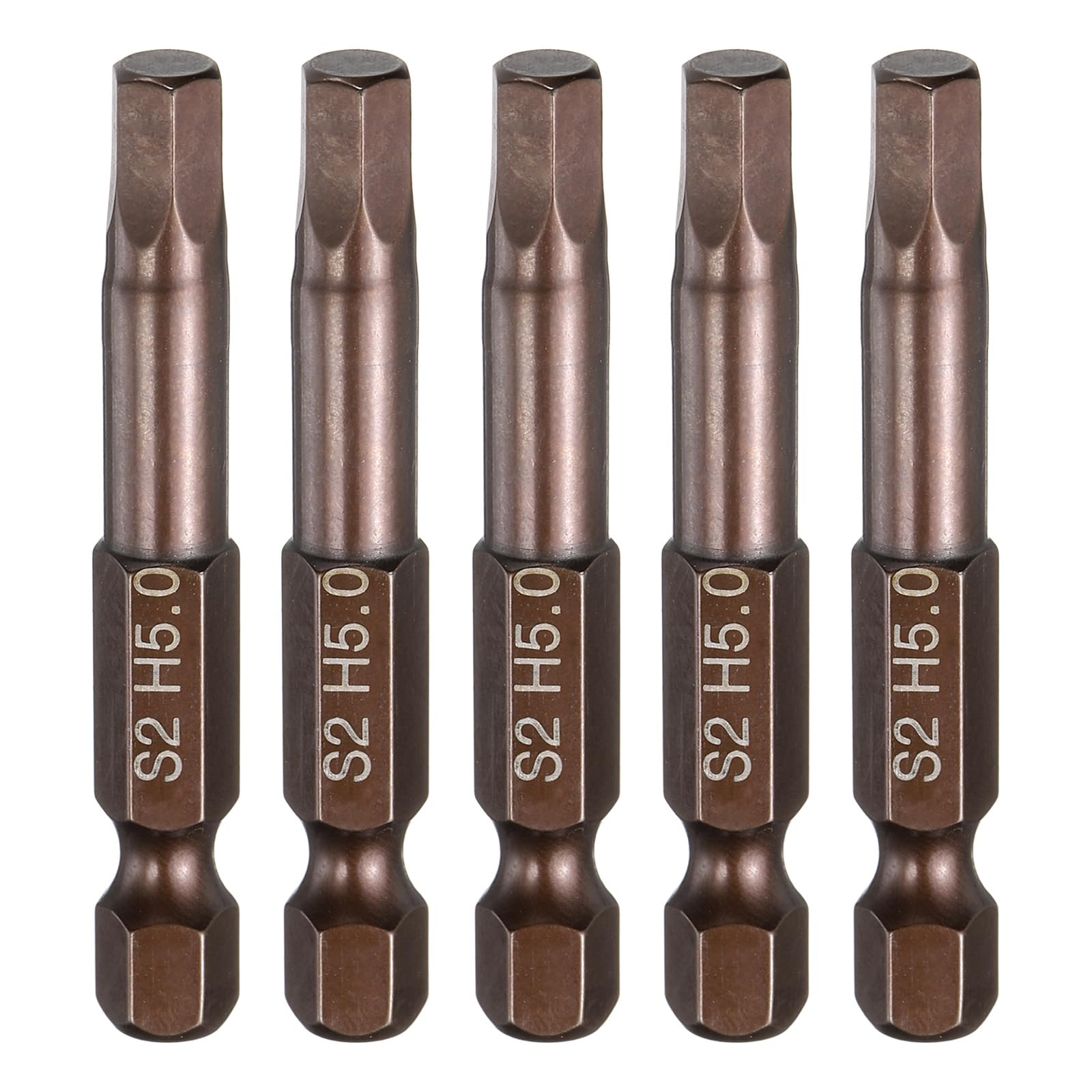 sourcing map 5pcs Flat Hex Head Drill Bit H5.0 (5mm) Magnetic Tip 1/4" Hex Shank 50mm (2") Long S2 Steel Metric Hexagonal Screw Driver Screwdriver Bits Wrench Socket, Copper Tone