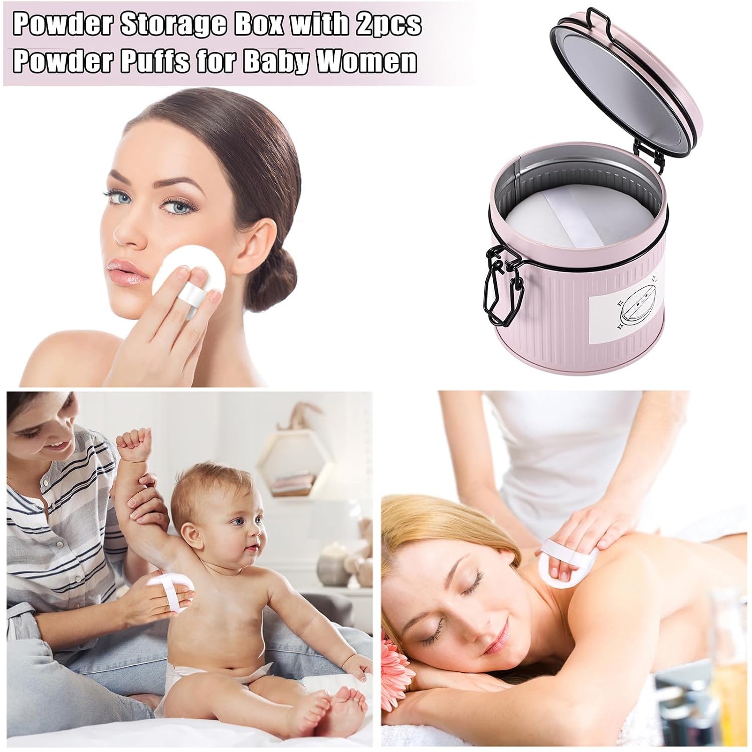 ELLDOO Body Powder Puff and Container, 21oz Empty Metal Jar, Loose Dusting Powder Storage Box with 2pcs Powder Puffs for Baby Women, Pink