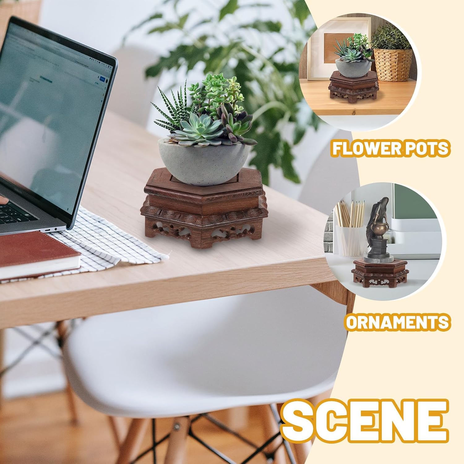 GARVALON Hexagonal Wooden Flower Pot Base Stand for Pots and Bowls image 5