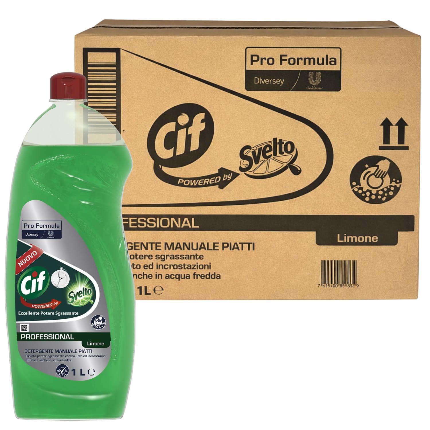 Cif powered by Svelto | 12 x 1L (12 Litri) Detergente Manuale Piatti profumo di Limone, Pro Formula, Elevato potere Sgrassante contro unto ed incrostazioni - Efficace anche in Acqua Fredda