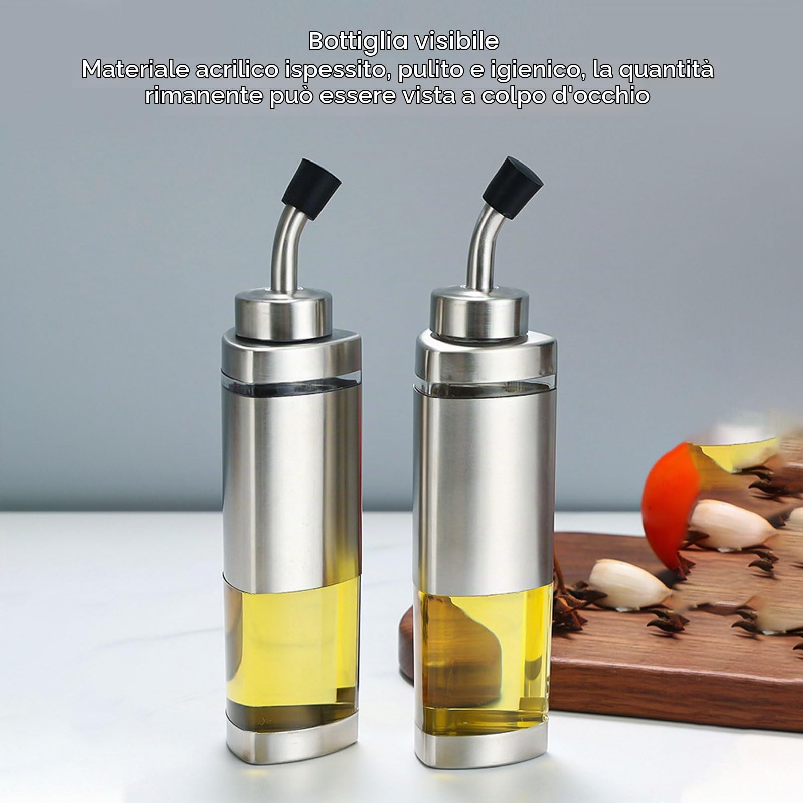 Set da con Portaspezie in Vetro e Acciaio Inox, Contenitori per Sale, Pepe, Olio e Aceto, per Casa e