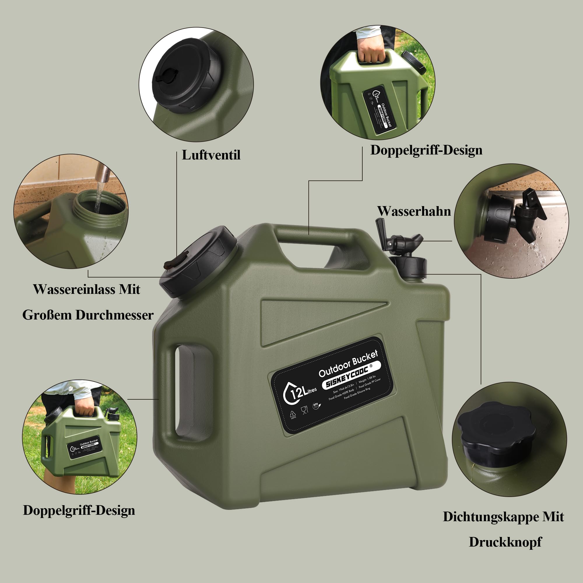 12L Tragbare Wasserkanister mit Hahn, BPA freie Wasserbehälter, Grüner Wassertank, Wasserauslauf, Multifunktions-Wasserbehälter für Camping, Outdoor, Notfalltransport