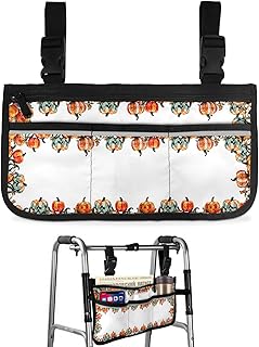 Colorful Pumpkins,Wheelchair Side Bag,Wheelchair Walker Armrest Bags with Cup Holder & Reflective Stripes,Mobility Scooter Walker Rollator Wheelchair Thanksgiving Boho Fall Painted Dot Stripes