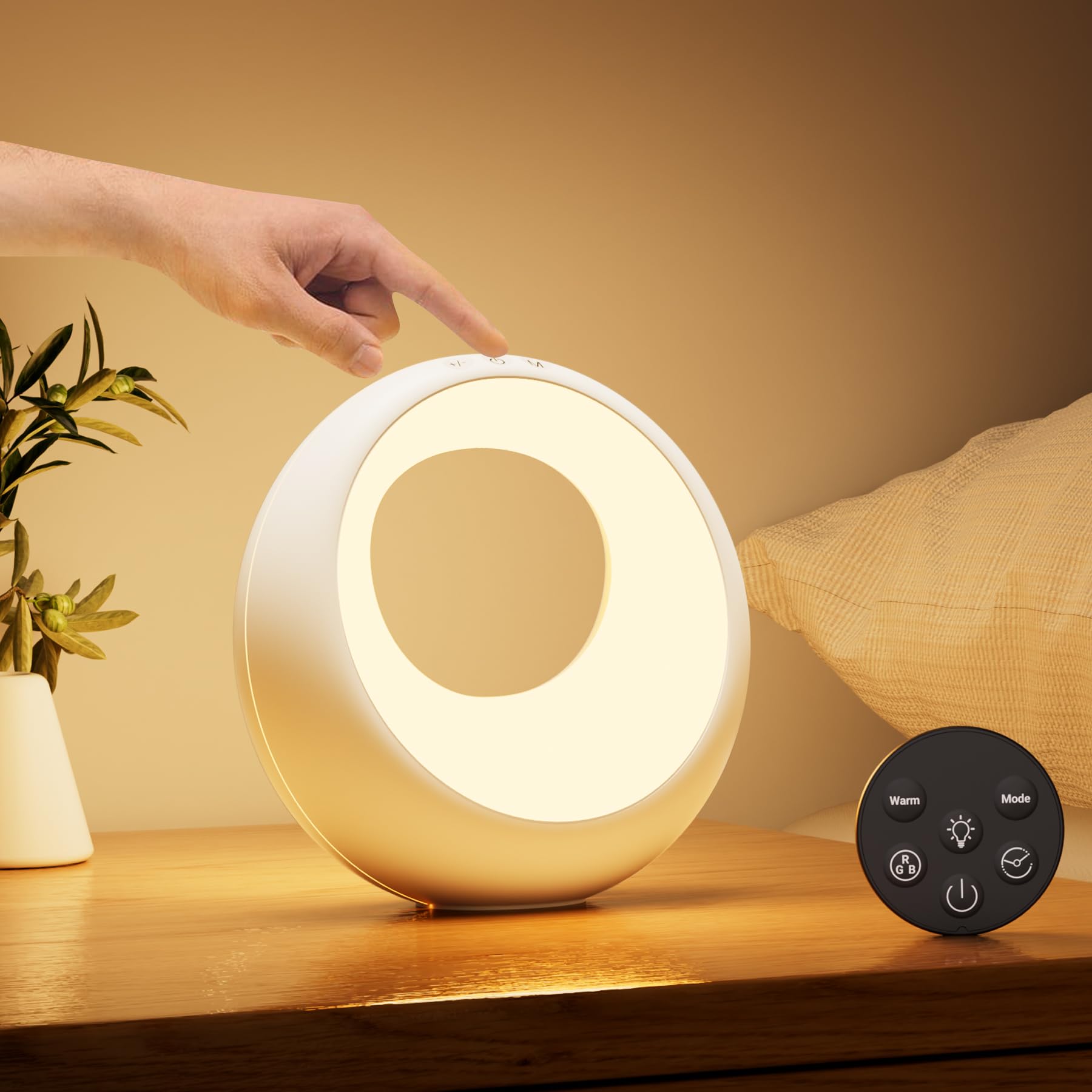 Bonsery Lámpara de noche táctil regulable redonda con mando a distancia, lámpara de mesa LED inalámbrica con cambio de color RGB, luz nocturna para bebé, con temporizador y memoria para decoración,