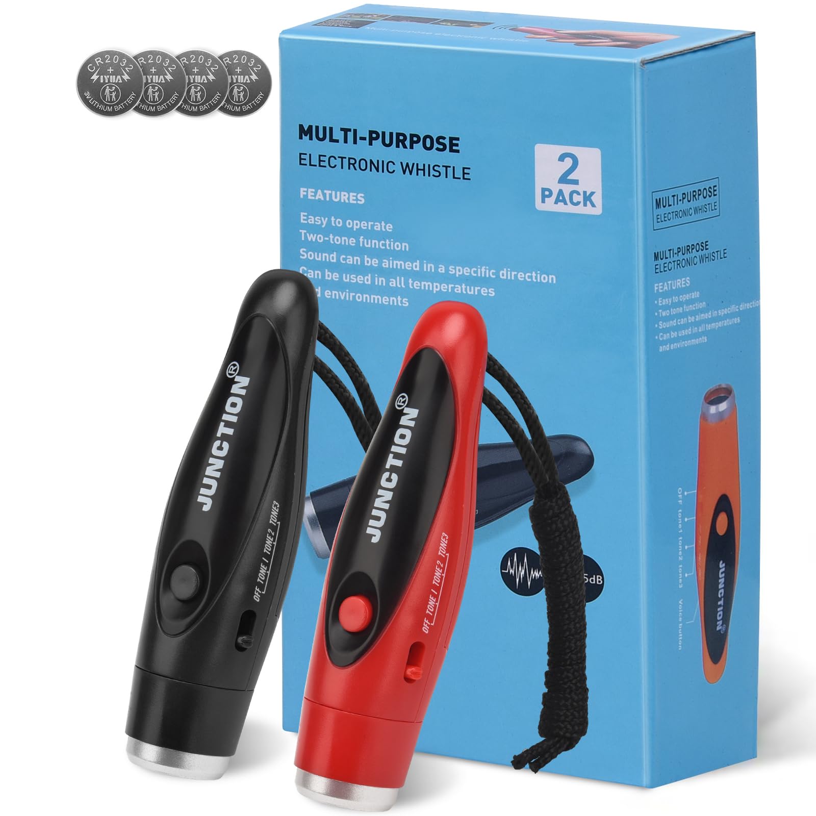 Paquete de 2 silbatos electrónicos, silbatos eléctricos de mano de 3 tonos de alto volumen con cordón para profesores, entrenadores, árbitros, silbato de entrenamiento, silbato de emergencia al aire