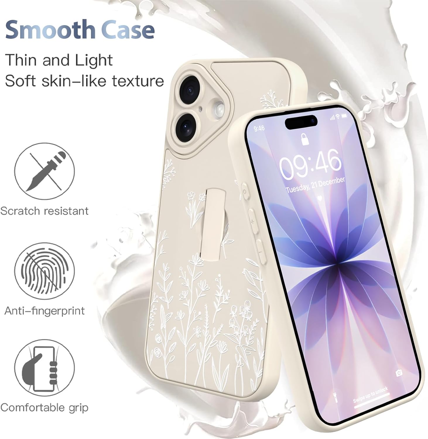 AIGOMARA Case Made for iPhone 17 with Finger Strap Stand Cute White Flower Floral for Women Girls Soft TPU Bumper Hard PC Back Anti-Fall Shockproof Protective Slim Cover