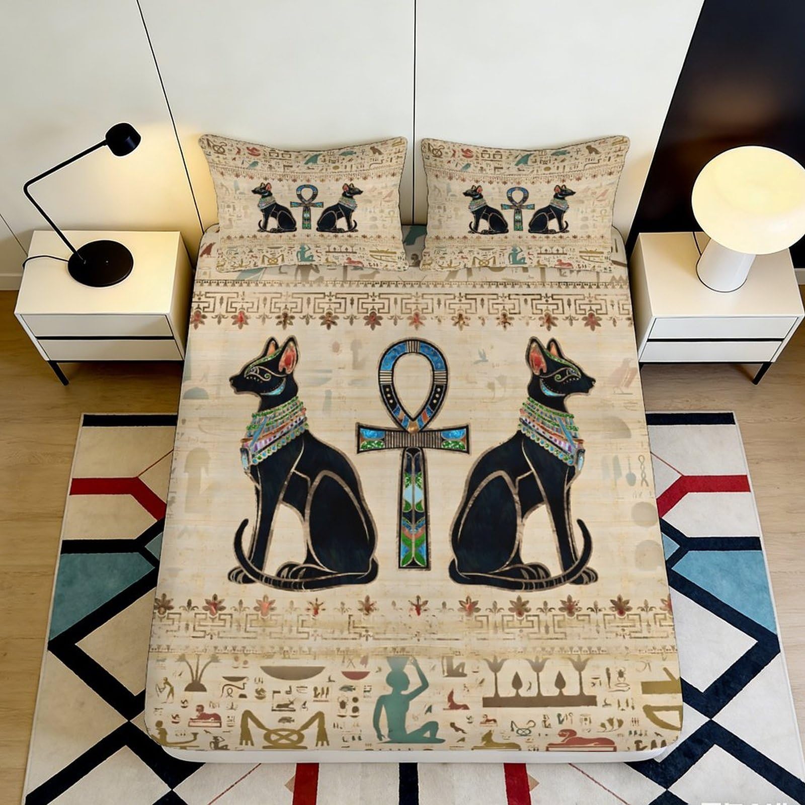 Jqzkxnhpbr Style-3 3D Printed Egyptian Cat Fitted Sheet Microfiber Soft Breathable Ankh Bed Cover For Bedroom Decor Protection 90X200x25cm