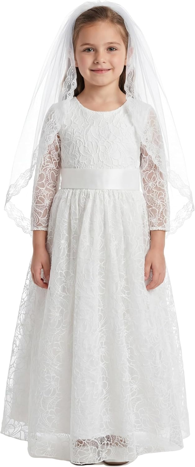 LalaMira First Communion Dress with Veil 3/4 Sleeve Flower Girl Dress Wedding Gown Floral Lace Baptism Christening Dance
