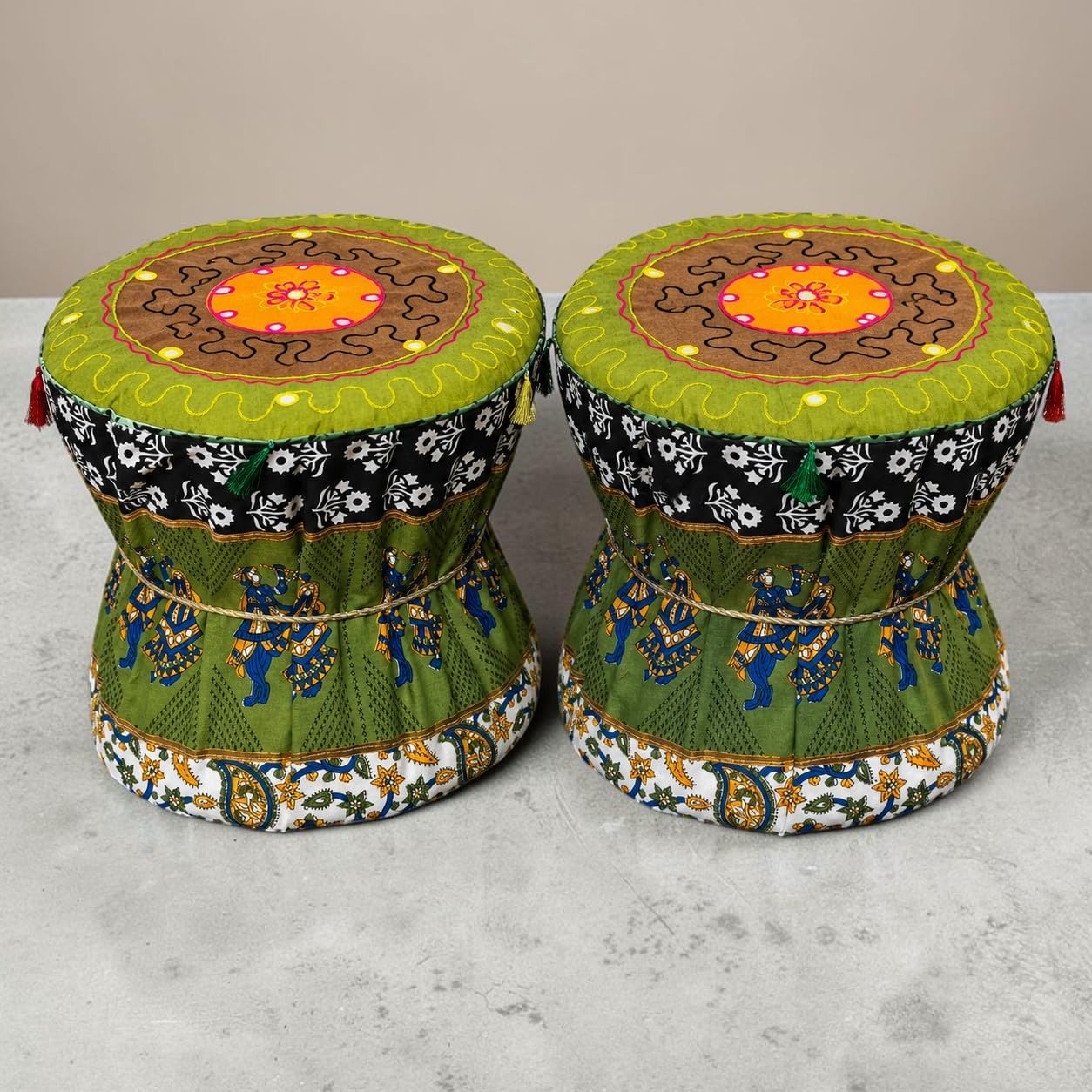 Green Dancing Duo Folk Traditional Boho Pouffe Ottoman Mudda Cover Round Mandala Print Cotton Footstool Set of 2 Pieces Muda Cover ONLY-image-18