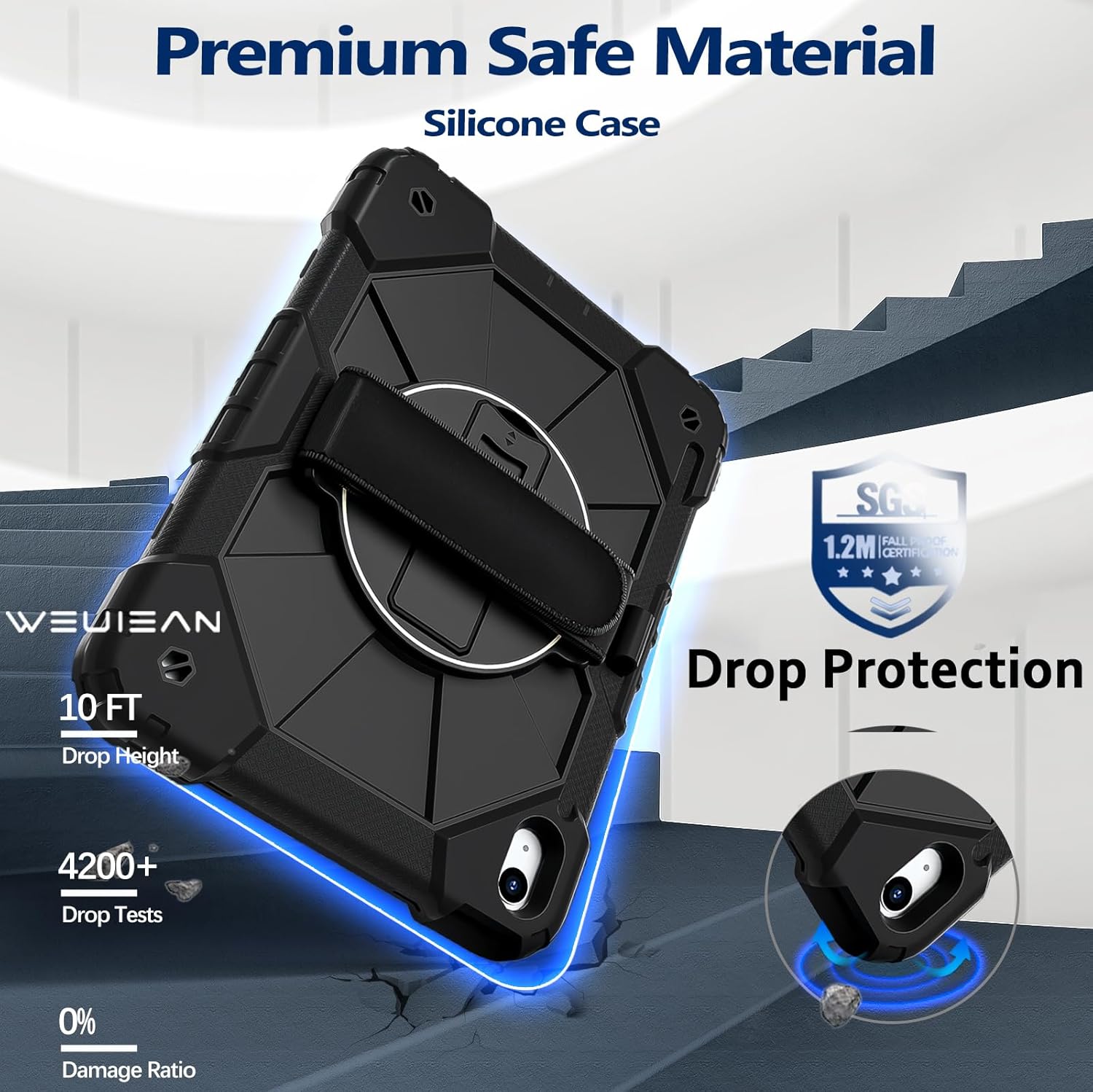 Weuiean Case for iPad A16 11th/10th Generation 11"/10.9", Military-Grade Heavy-Duty Shockproof Cover with 360° Rotating Stand, Built-in Pencil Holder & Adjustable Hand/Shoulder Strap - Black+Black