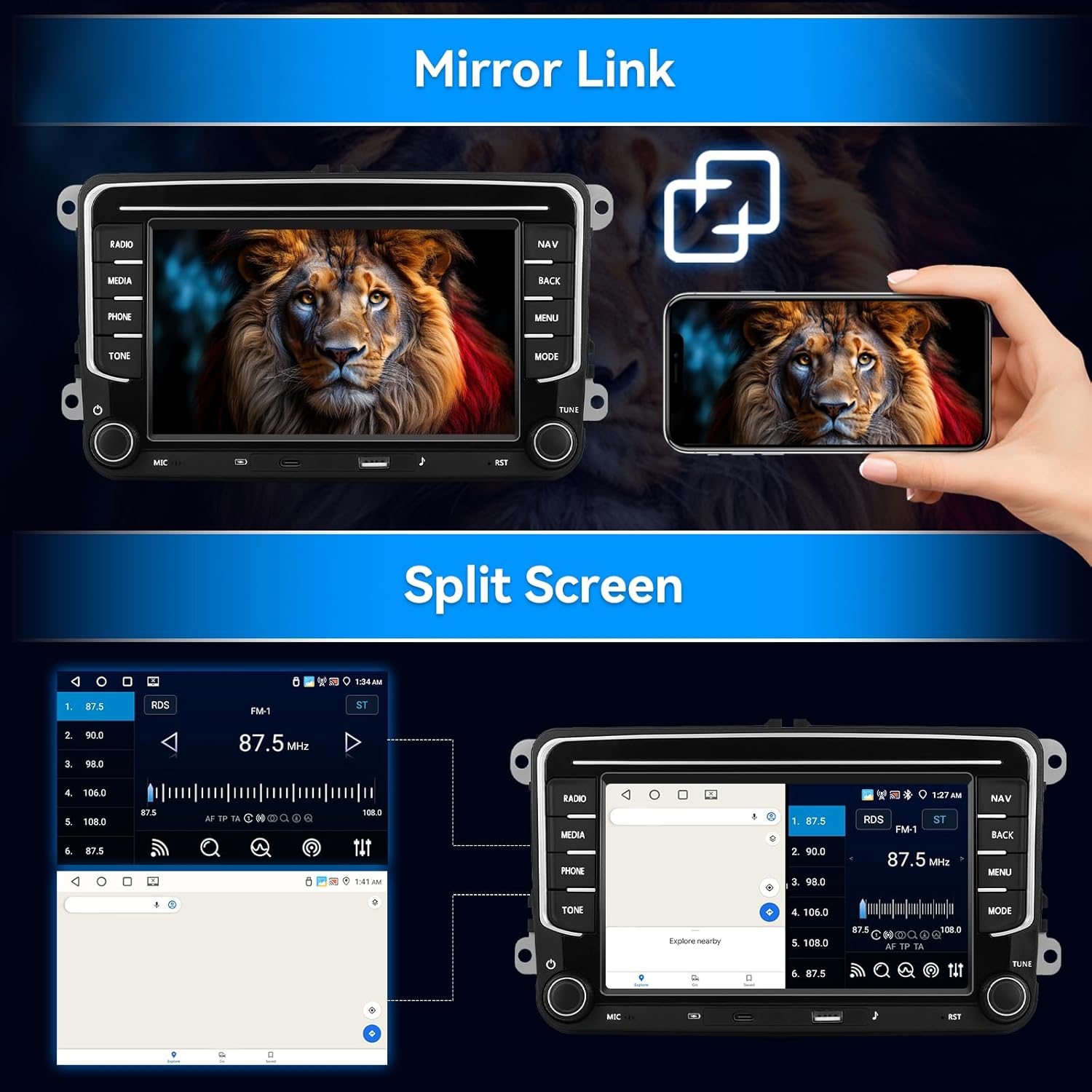 Top half shows Mirror Link feature, displaying a smartphone screen mirrored on the car stereo. Bottom half shows Split Screen feature, with radio and web browser open simultaneously.
