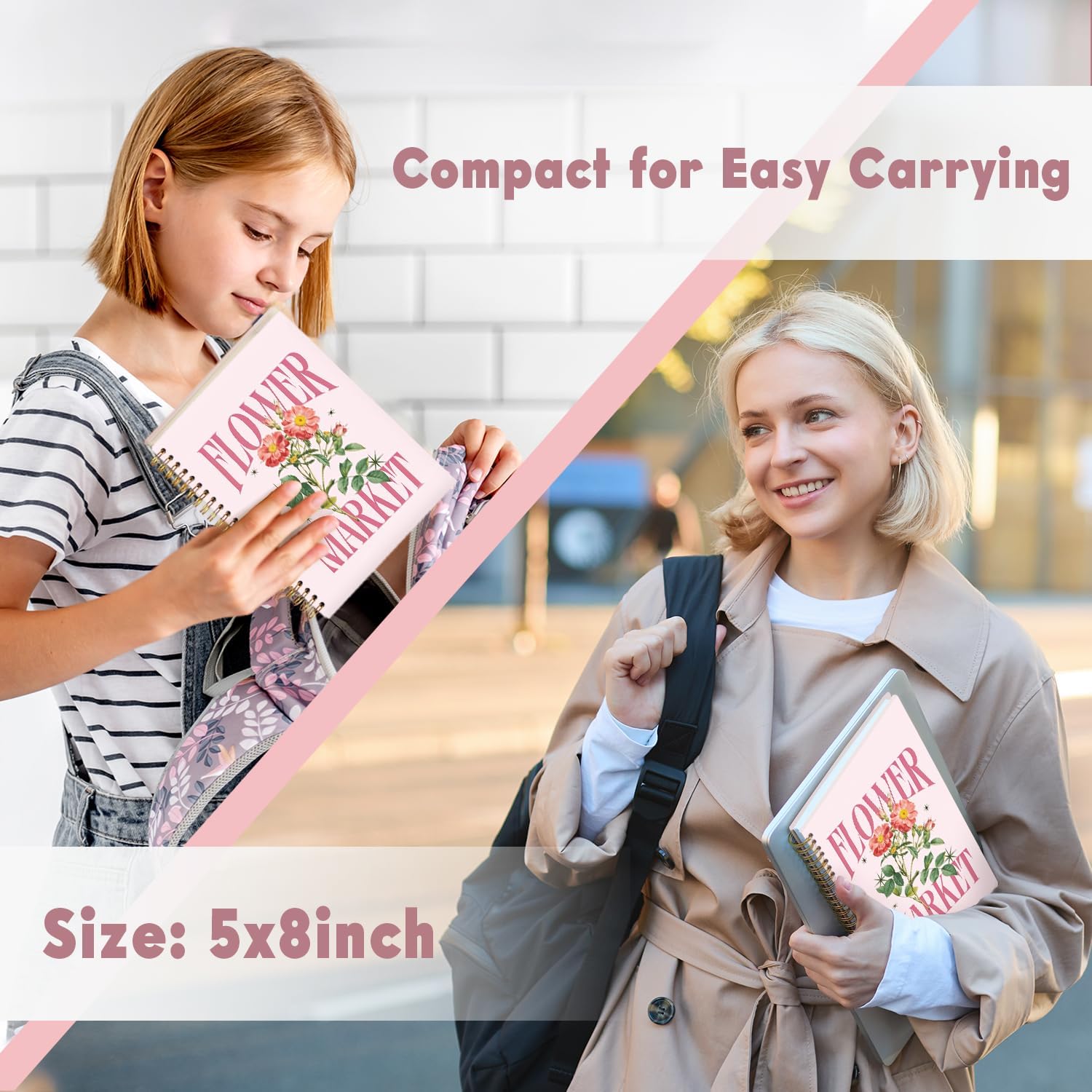 Lacama Cute Notebook Journal for Women, Pink Pretty Notebooks Gifts for Women, School Office Supplies, Flower Market Hardcover Spiral Notebook for School 5.5x8.3 Inch - Image 6