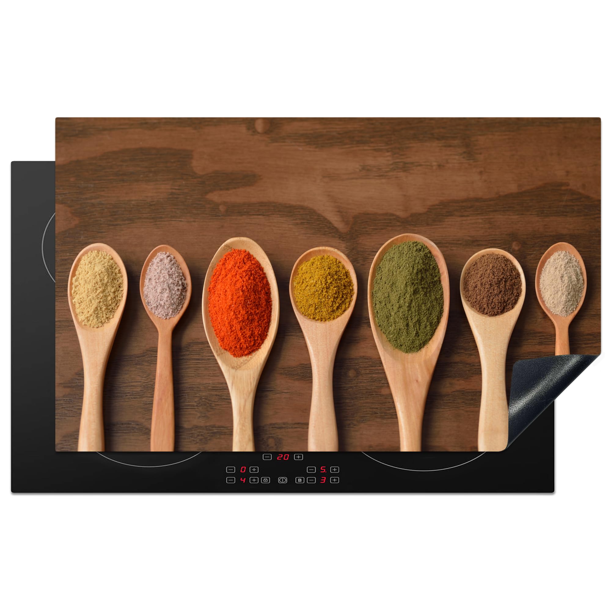 KitchenYeah© Induction Hob Protector Mat 20.3"x32.7" / 83x51.5 cm Stove Cap Top Cover Kitchen Cooker Covers for Electric Hobs Vinyl Ladle - Herbs - Food - Spices - Table — image 1