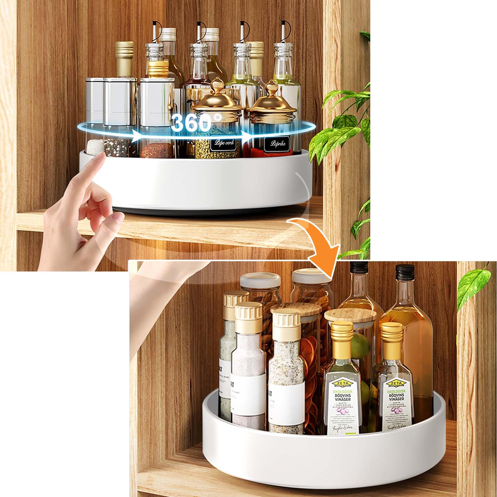 Küche Organizer Drehteller aus Kohlenstoffstahl, 26cm Küchenschrank Drehteller Organizer, Grosse Kapazität Gewürzregal Drehbar Anti Rutsch Küchenlagerungs für Küchenregal Arbeitsplatte (Weiß, 26CM)