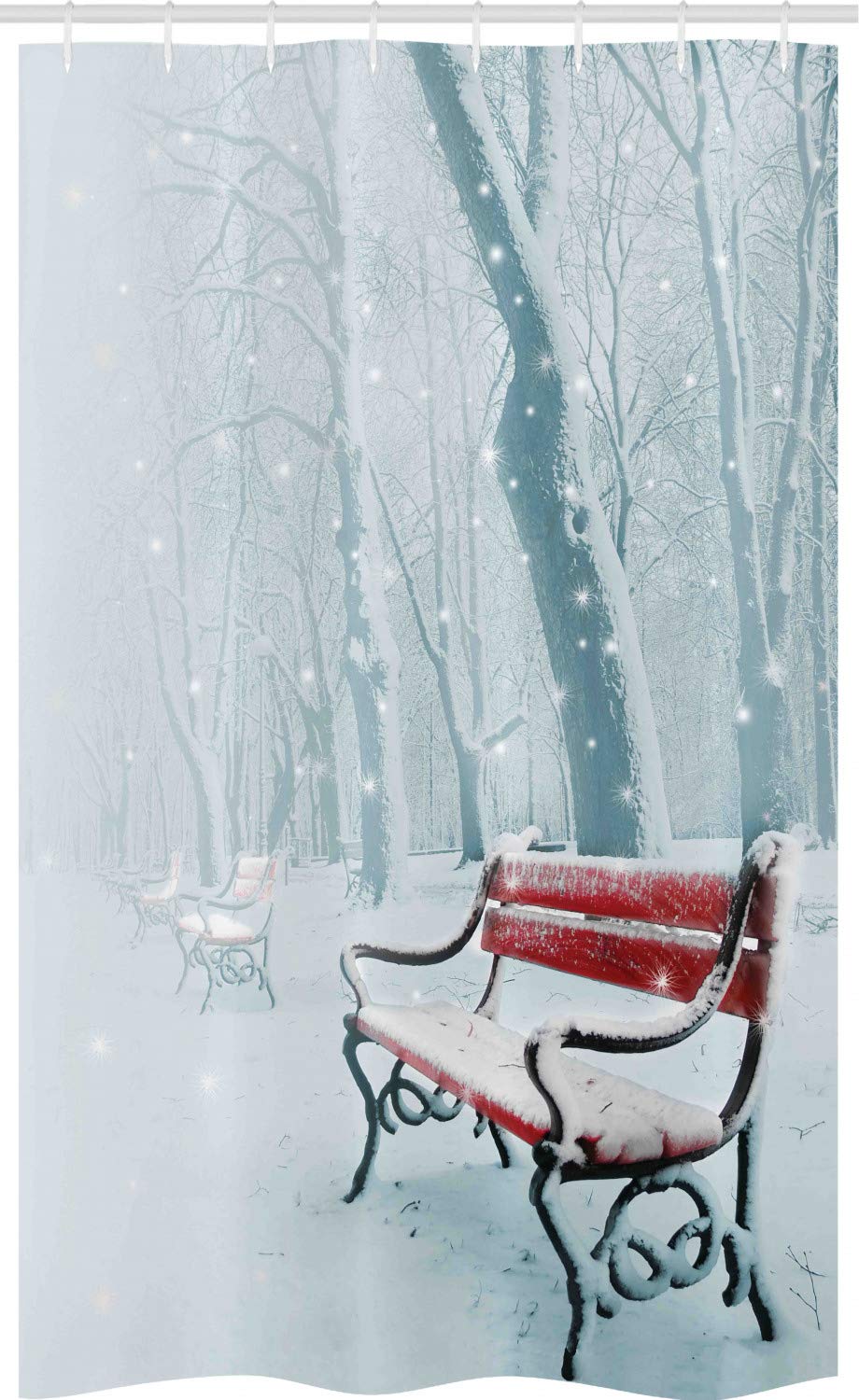 ABAKUHAUS Winter Stall Shower Curtain, Snowy Bench Misty Path, Fabric Bathroom Decor Set with Hooks, 47" x 70", White