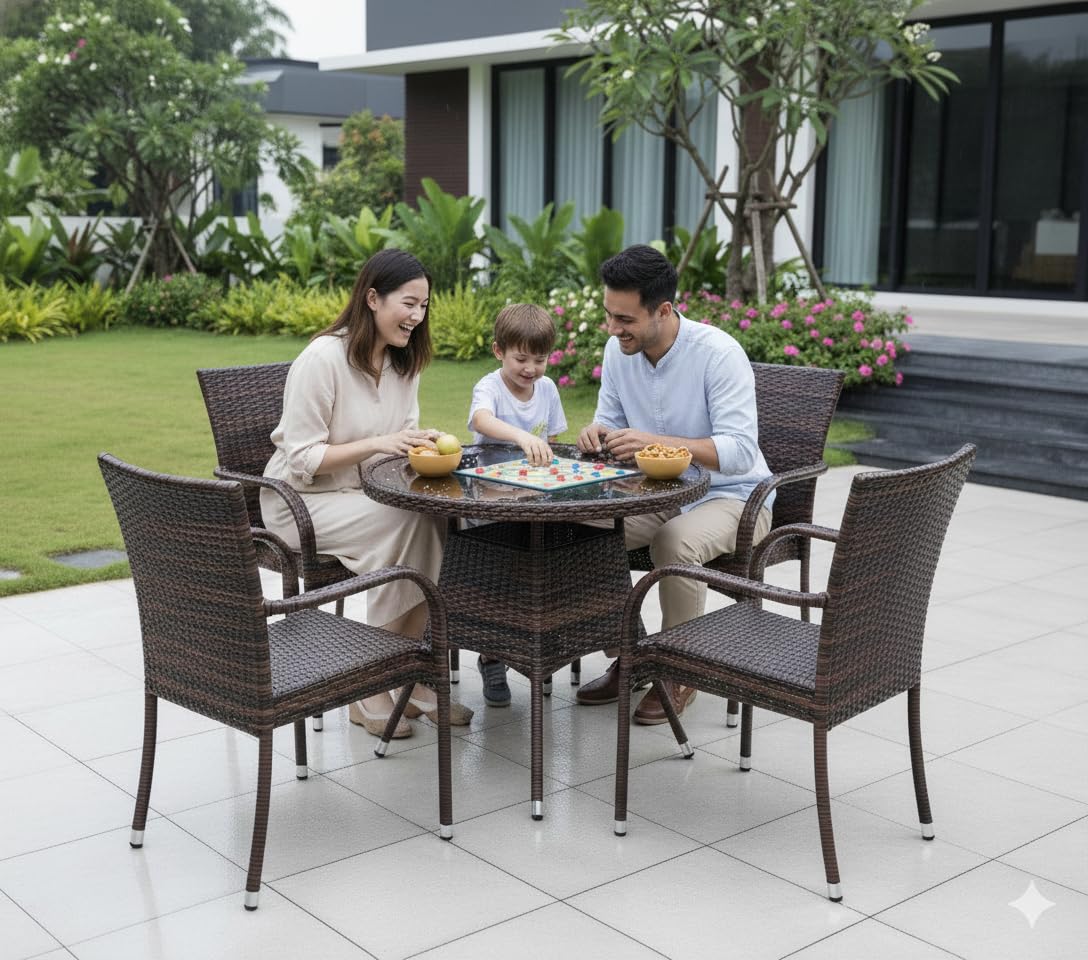 Vital Outdoor Patio Furniture Set 5 Piece | Rattan Garden Furniture with Table & 4 Chairs | Weather Resistant Terrace & Balcony Seating Set for Garden, Lawn & Poolside