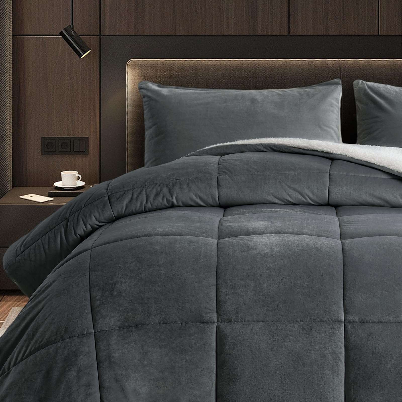 BEDHOURS Queen Comforter Set Micromink Sherpa Comforter 3 Piece Ultra Soft Plush Down Alternative Bedding Set Reversible Comforter + 2 Pillowcases Winter Warm (Charcoal Queen)