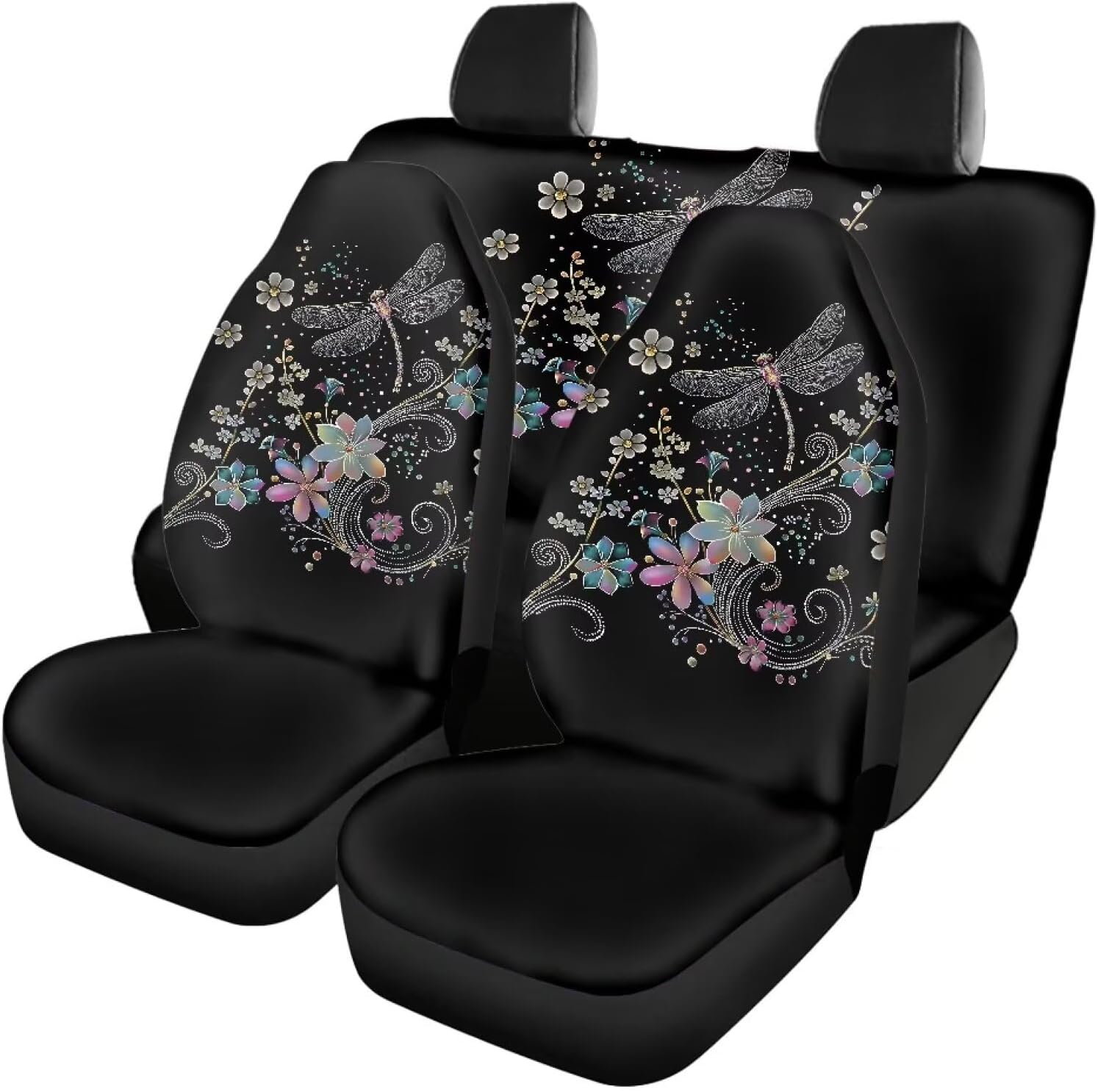 4 Pcs Dragonfly Flower Printed Car Front Rear Seat Cover, Breathable Car Seat Cover Full Set of 4, Anti-Slip Vehicle Seat Protector for Most Cars Truck Van Sedan SUV, Automotive Interior Accessories