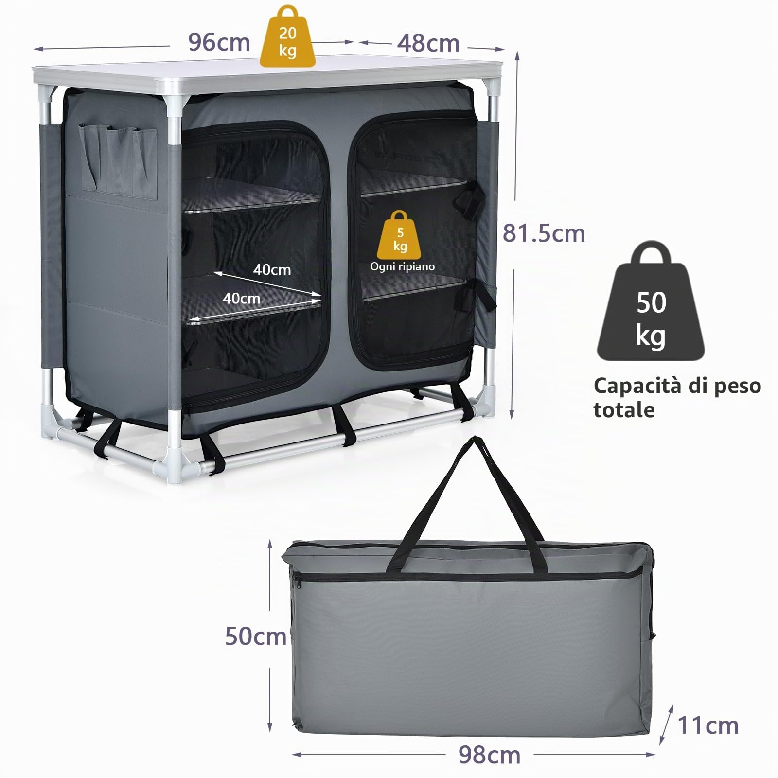 KOMFOTTEU Tavolo Pieghevole da Campeggio in Alluminio a 4 Livelli, Tavolo Picnic Richiudibile con Ante in Rete con Cerniera, Borsa per il Trasporto, Cucina da Esterno, Picnic, Barbecue, Festa