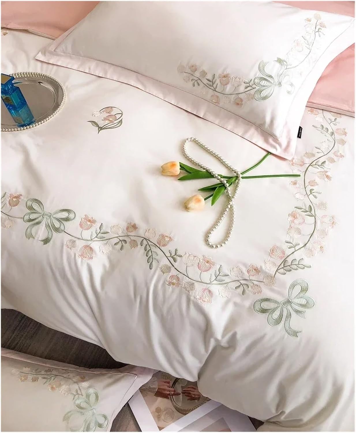 Bedding set, cotton soft duvet cover quilt cover flat bed sheet pillowcases Floral embroidery bed set 4pcs/set,Bed, Queen, White, MM-102