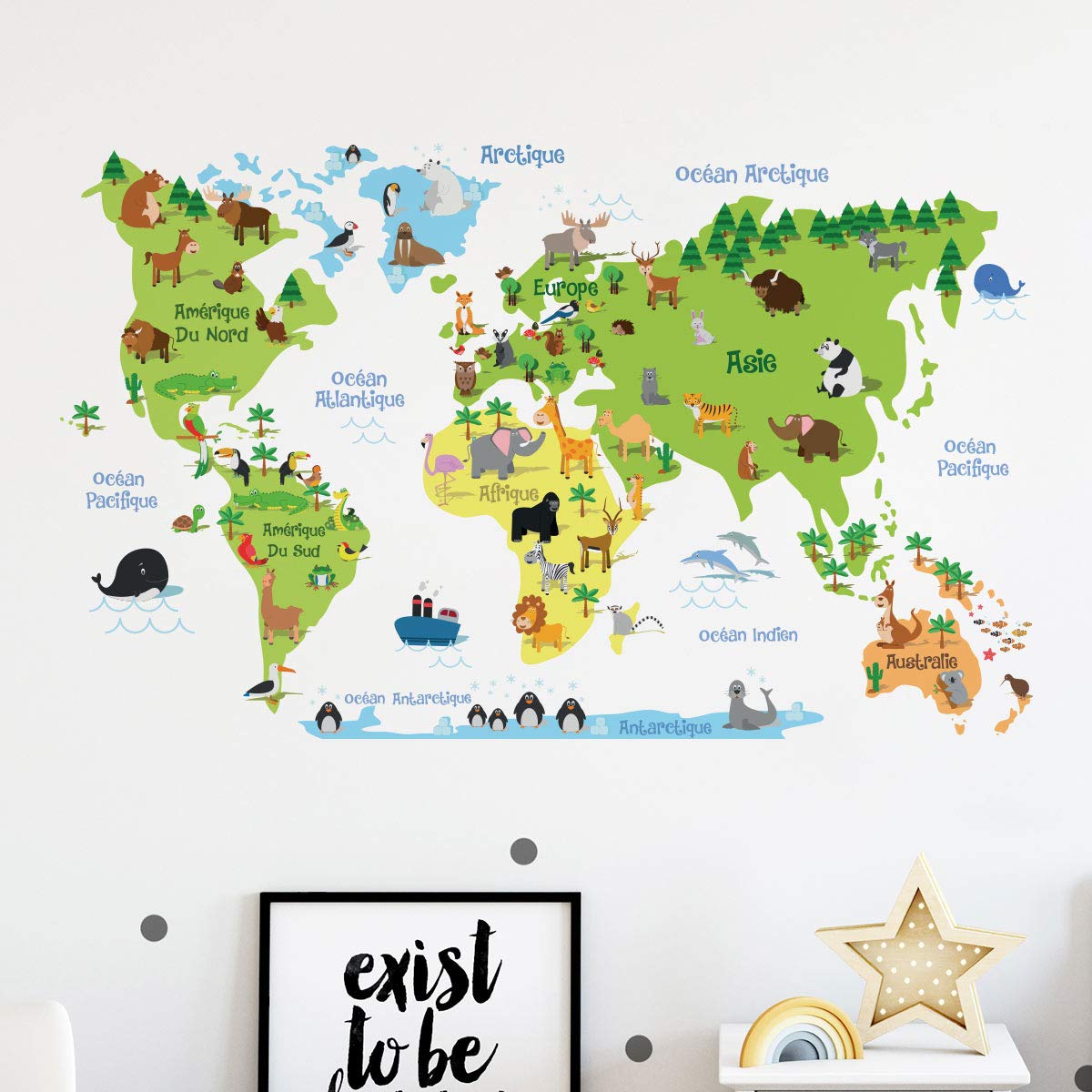 Sticker carte du monde enfants grand format 60 x 95 cm lavable et durable