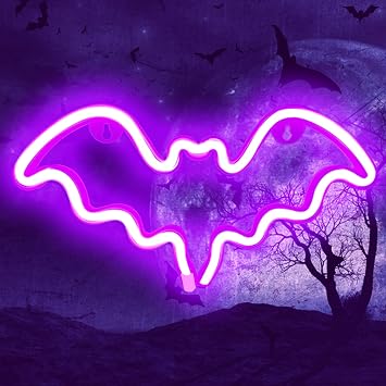 Halloween Bat Neon Sign, Halloween Decoration LED Bat Neon Light Sign for Wall Decor, Bat Shape Lamp with Battery or USB Powered for Halloween Party,Bar,Room Decor,Kids
