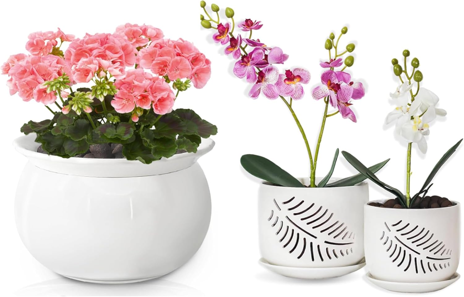 3PC Ceramic Orchid Pots, 6+5 inch Orchid Pots with Holes,Orchid Pots for Repotting, Self Watering Plant Pot, African Violet Pots 6 Inches