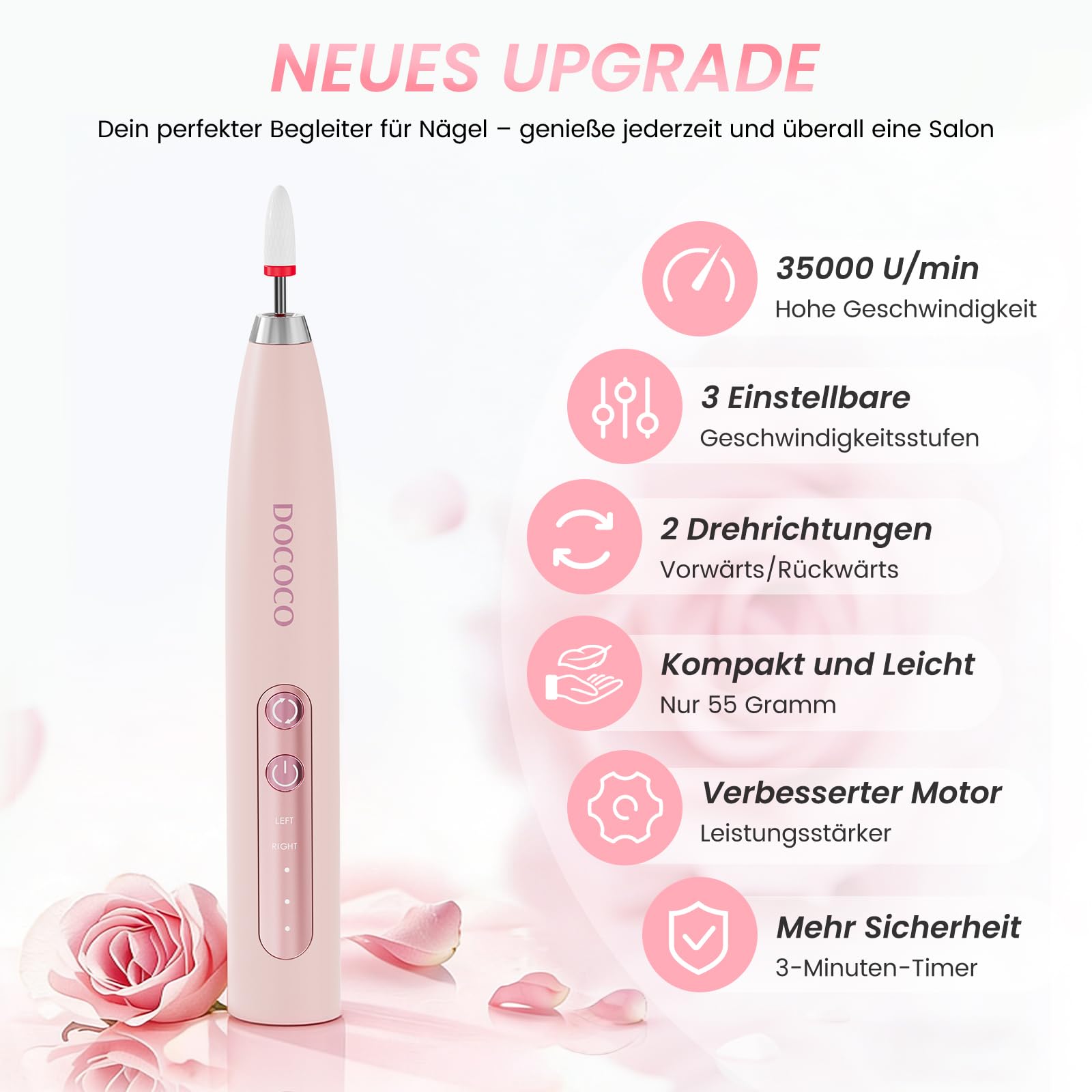 15 in 1 Elektrische Nagelfeile Kabellos 35.000 U/Min, Nagelfräser für Gelnägel Regelbare Geschwindigkeit und Richtung für Anfänger - Rosa