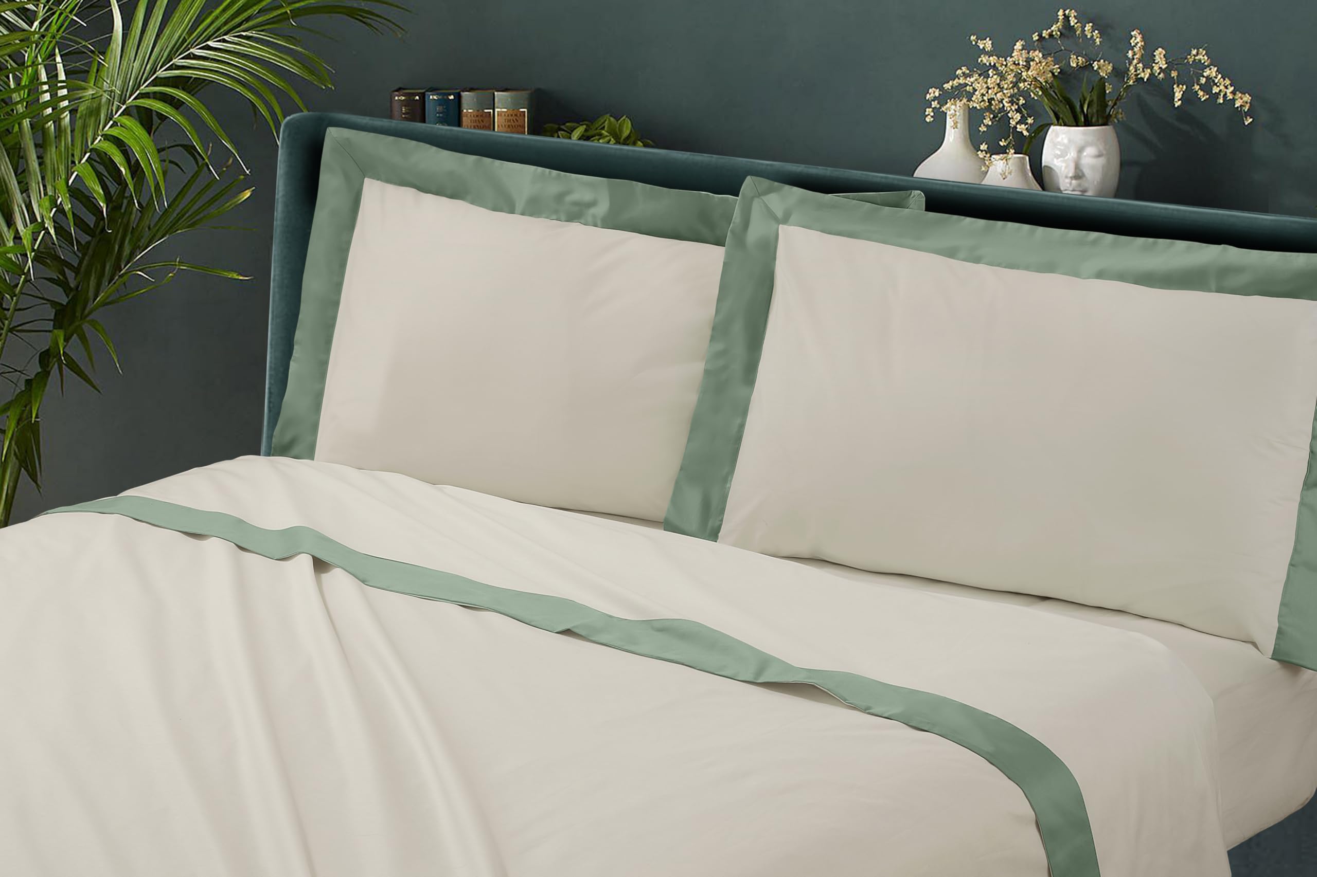 Riad Arredo Set Completo Lenzuola Matrimoniale 100% Cotone Minimal Con Balza in Raso - Completo Letto Tinta Unita Morbido Puro Cotone Elegante (Salvia)
