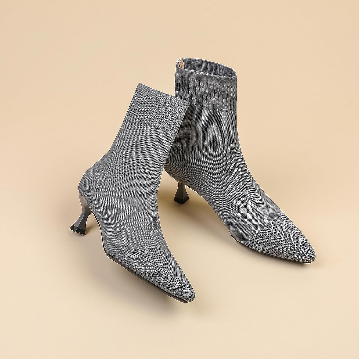 SWDZM Women's Knit Ankle Boots Pointed Toe Kitten Heel Breathable Mid Heel Sock Boots Shoes