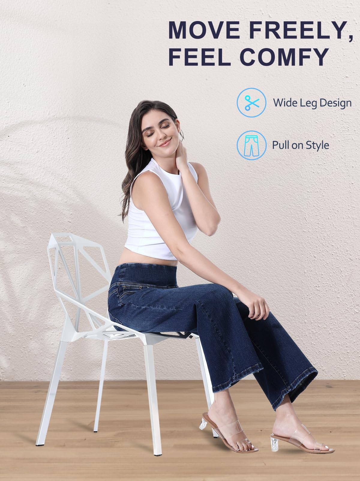 Vaqueros Mujer Elásticos, Tiro Alto con Control de Vientre, Pantalones Anchos de Pierna Recta Crop Elegantes