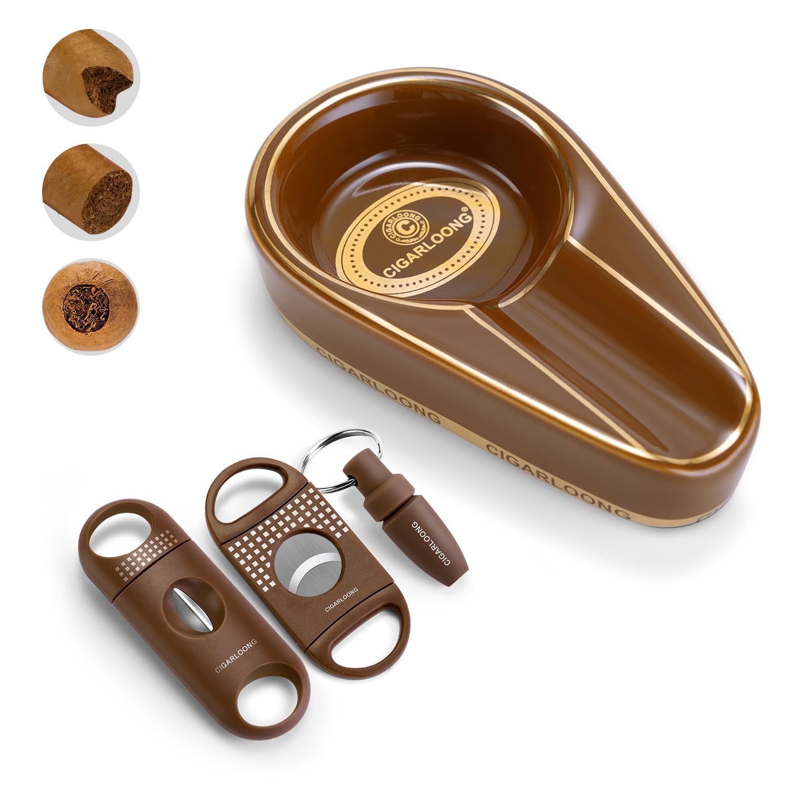 CLZOONG Cigar Ashtray with Cigar Cutter Set Portable, include Cigar Ceramic Ashtray, Enlarge Cigar Guillotine Sharp V-Cut Cutter Punch with Gift Box, Cigar Accessories Set for Men (Brown)