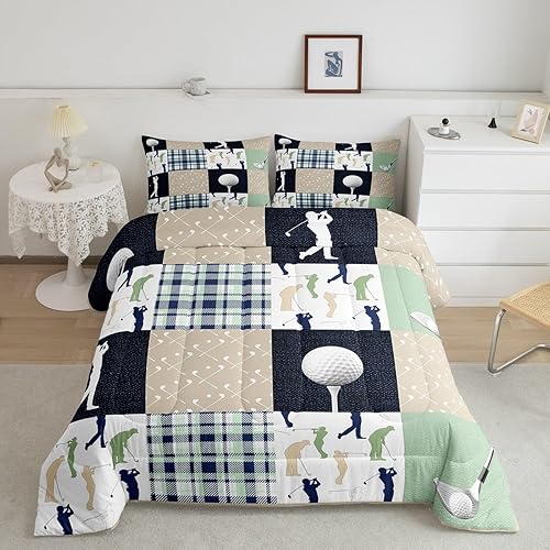 Castle Fairy Juego de edredón de tamaño matrimonial a cuadros de golf, estilo amante de los deportes de pelota, ropa de cama de colección para Castle Fairy Juego de edredón de tamaño matrimonial a cuadros de golf, estilo amante de los deportes de pelota, ropa de cama de colección para