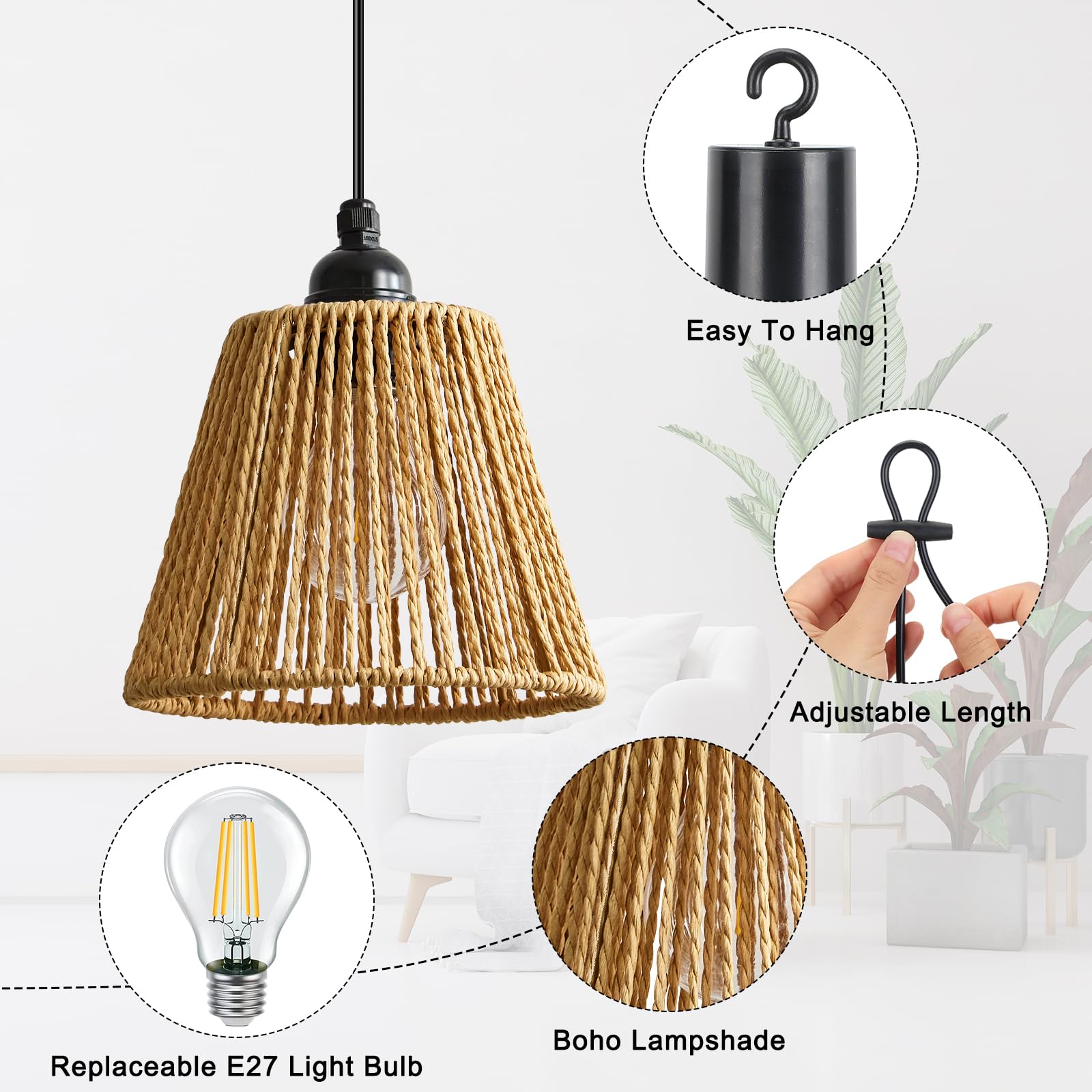 Lightess 3x Pendelleuchte Akku Hängelampe dimmbar Hängeleuchte Boho IP65 | Rattan-Lampenschirm, ohne Stromanschluss, Fernbedienung dimmbar 4 Stufen & Timer für Garten, Terrasse, Schlafzimmer, Esstisch