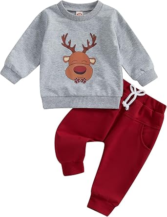 Sasaerucure Infant Baby Boy Christmas Clothes Long Sleeve Shirts + Red Pants Set Toddler Baby Boy Reindeer Outfit
