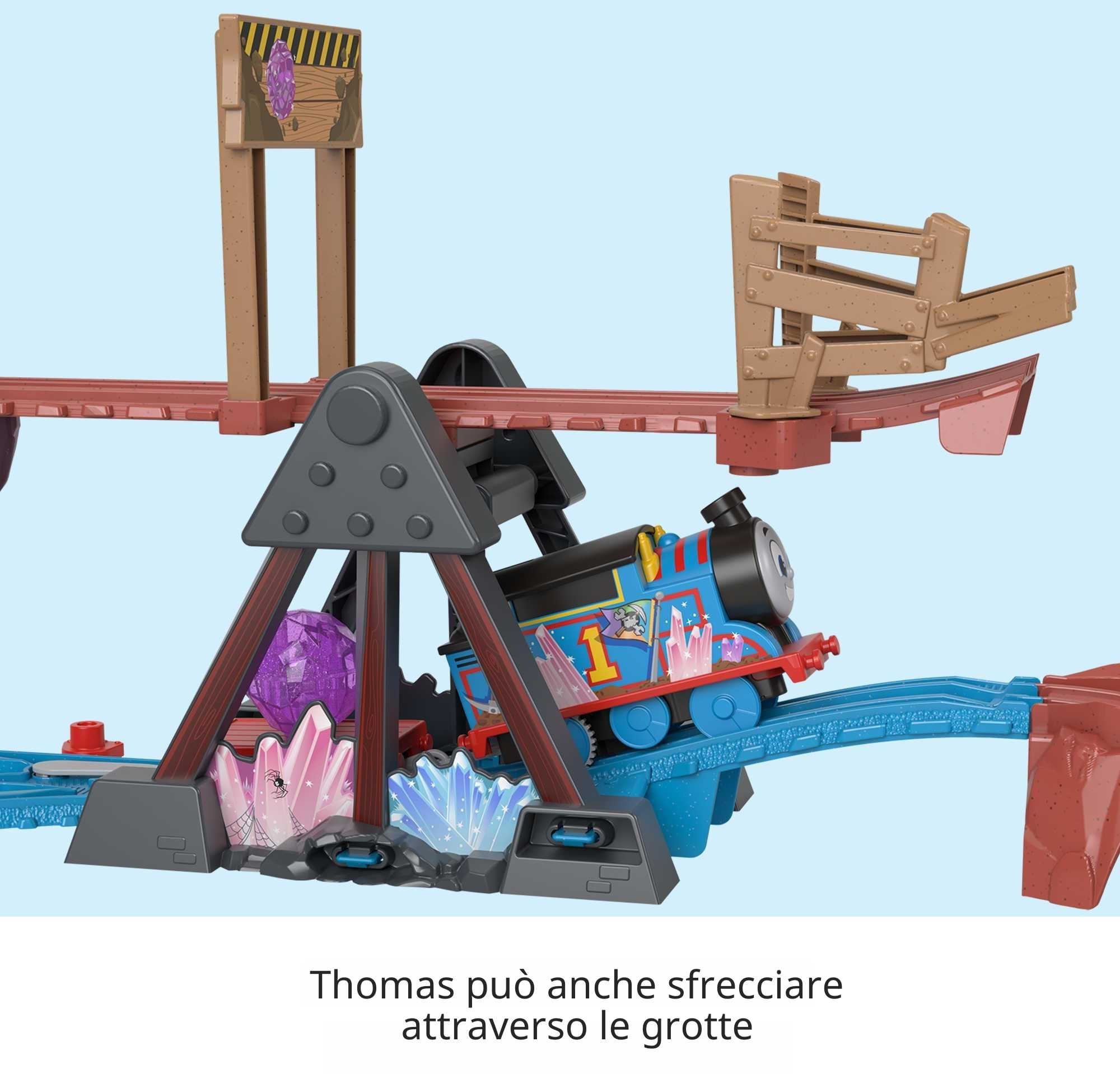 Fisher-Price - Il Trenino Thomas, Set Avventura nelle Grotte di Cristallo, con Trenino Thomas motorizzato e Ponte Mobile, 9 Pezzi e 2,5 Metri di Pista, Giocattolo per Bambini 3+ Anni, HMC28