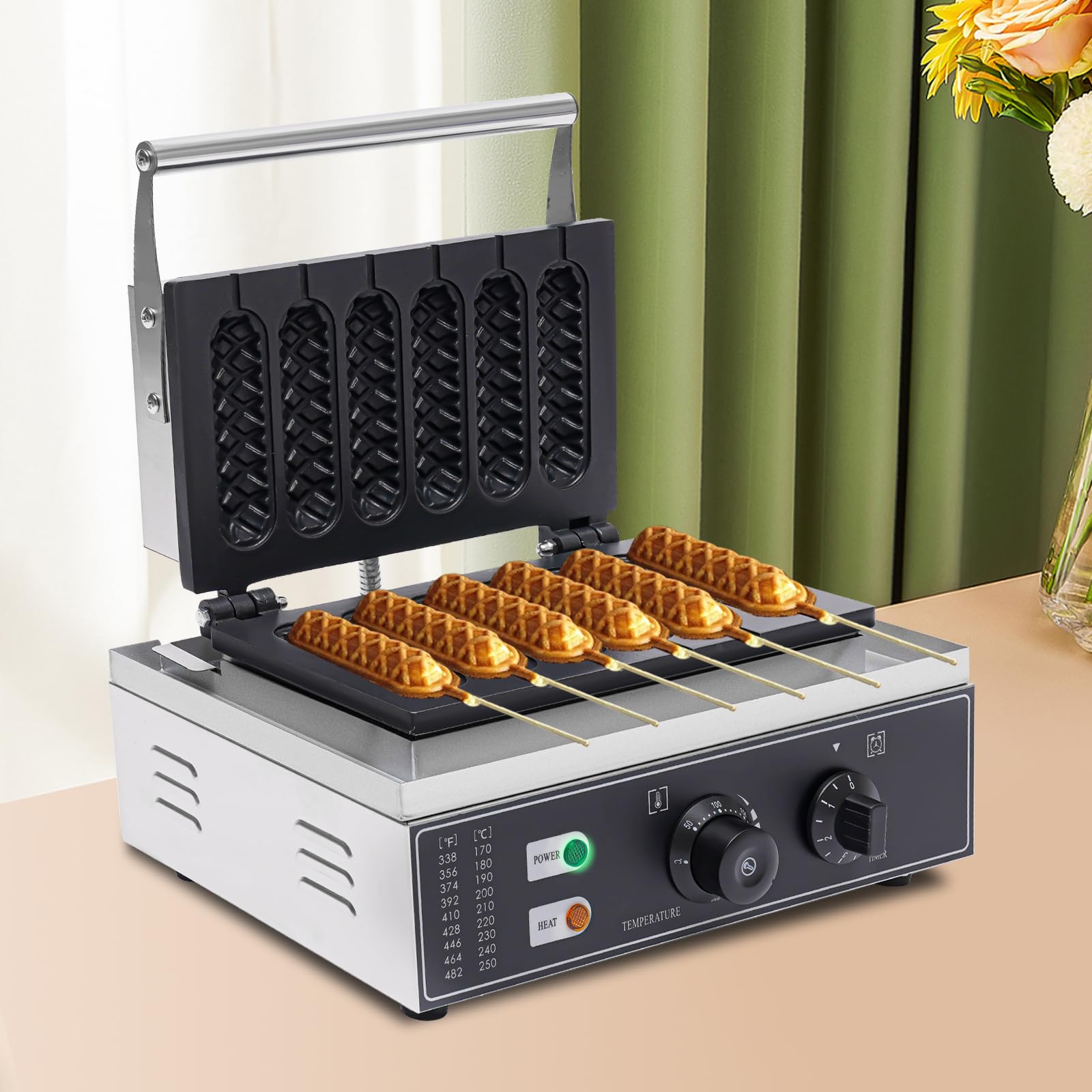 Gofrera de 1500 W, gofrera con mango de 180 °, con temporizador de 5 minutos y temperatura de 50 ~ 300 ℃ para cumpleaños infantiles, celebraciones familiares