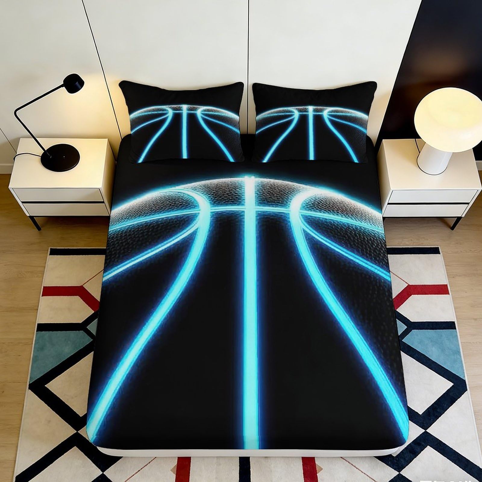 Pnayamiorkfel Style-5 3D Printed Neon Basketball Fitted Sheet Microfiber Soft Breathable Glow Stripe Bed Cover For Bedroom Guest Room Decor 90X200x25cm