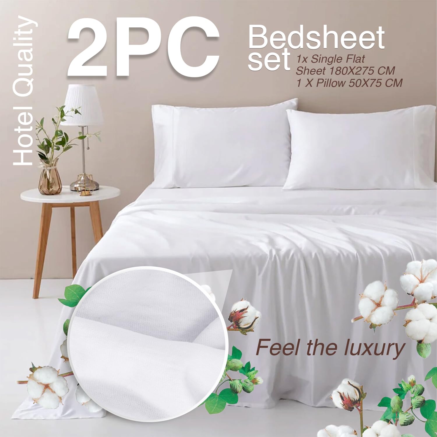 Cottonople Hotel Quality Sateen 2 Piece Single Bed Sheet Set (180x275cm) - Image 2