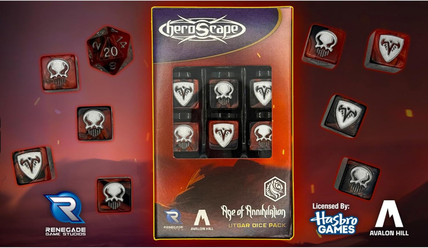 Renegade Game Studios Heroscape Utgar Dice Pack, 11pc Black & Red Collectible RPG Set with Combat Dice & 20-Sided Die