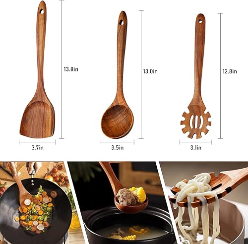 Miniatura 3 de FJNATINH Juego de utensilios de cocina de madera de 3 piezas, juego de utensilios de cocina de madera de teca 100% natural
