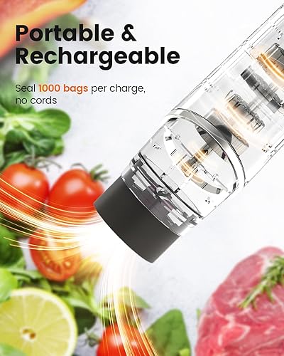 Miniatura 5 de Sellador al vacío portátil para alimentos, 10 bolsas selladoras reutilizables con una potente máquina selladora al vacío de mano de 60 kPa, sellador