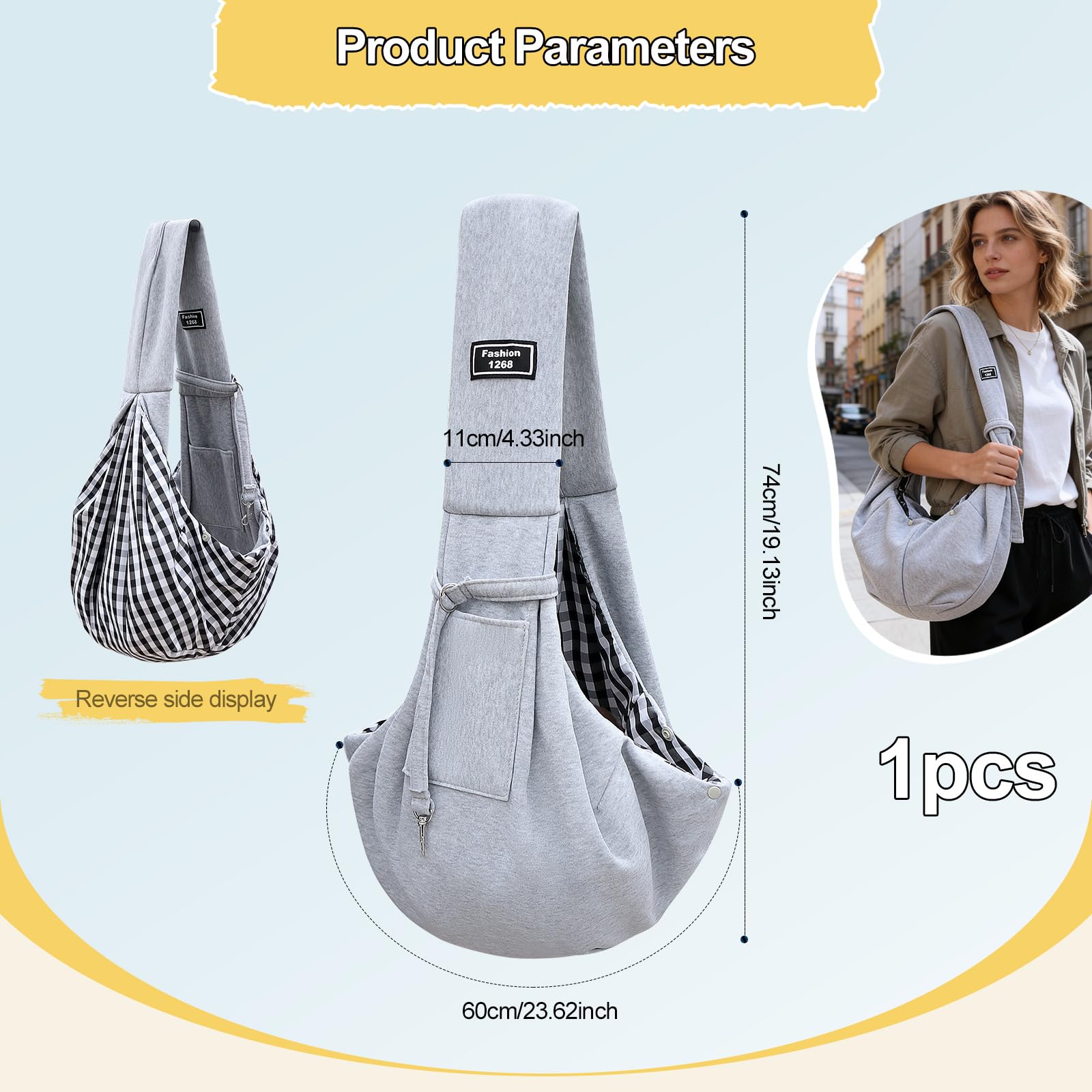 Torba do noszenia psa do 7.5 kg, miękka bawełna – oddychająca torba na ramię dla małych psów, szczeniaków i kotów – regulowana torba do noszenia zwierząt domowych, do podróży i na zewnątrz, szara
