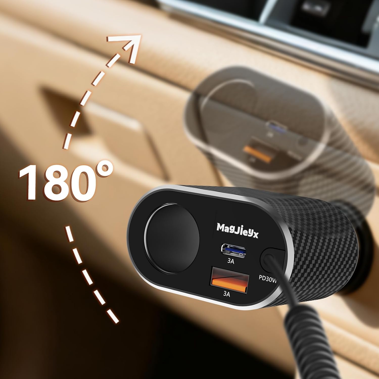 MAGJIEYX 180W Retractable Car Charger Cigarette Lighter Splitter, Fast Charging Socket with Replaceable Fuse, Dual Cables for Type-c&Lightning Cord Fits for Dash Cam/Laptop/iPad/iPhone/Galaxy